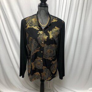 Breeze By Dorothy Schoelen Shirt Vintage Womens Large Black Gold Metallic Floral